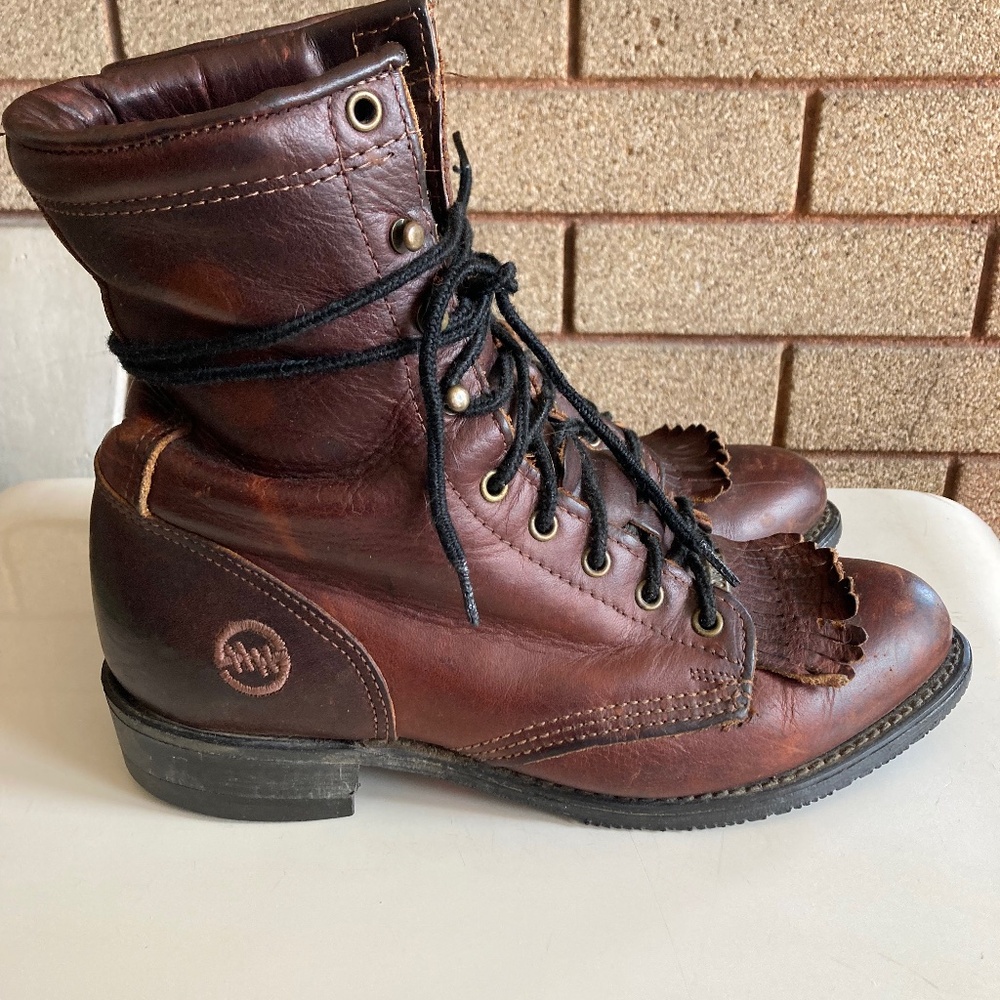 Vintage HH Double H Brown Leather Lace Up Kiltie Logger Boot Women’s Size 8